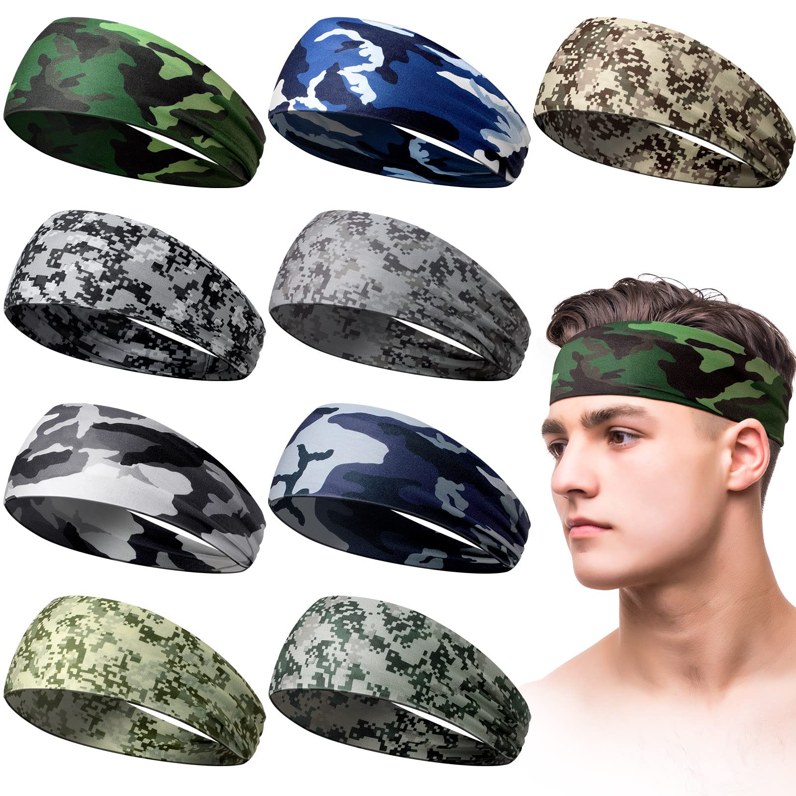9 Pcs Sweatbands For Men Workout Sport Headbands For Men Camo Headband Sweat Absorbing Headband Wide Sweatband For Head Basketball Football Cycling Running Yoga, 4.7 X 9.8 Inch|Headbands|GlamGlobal