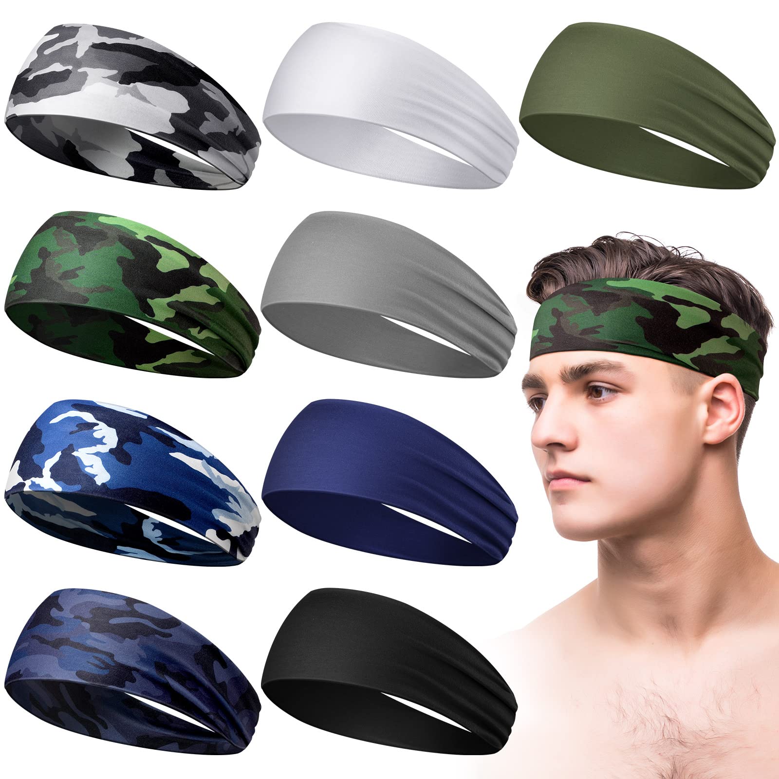 9 Pcs Sweatbands For Men Workout Sport Headbands For Men Camo Headband Sweat Absorbing Headband Wide Sweatband For Head Basketball Football Cycling Running Yoga, 4.7 X 9.8 Inch|Headbands|GlamGlobal