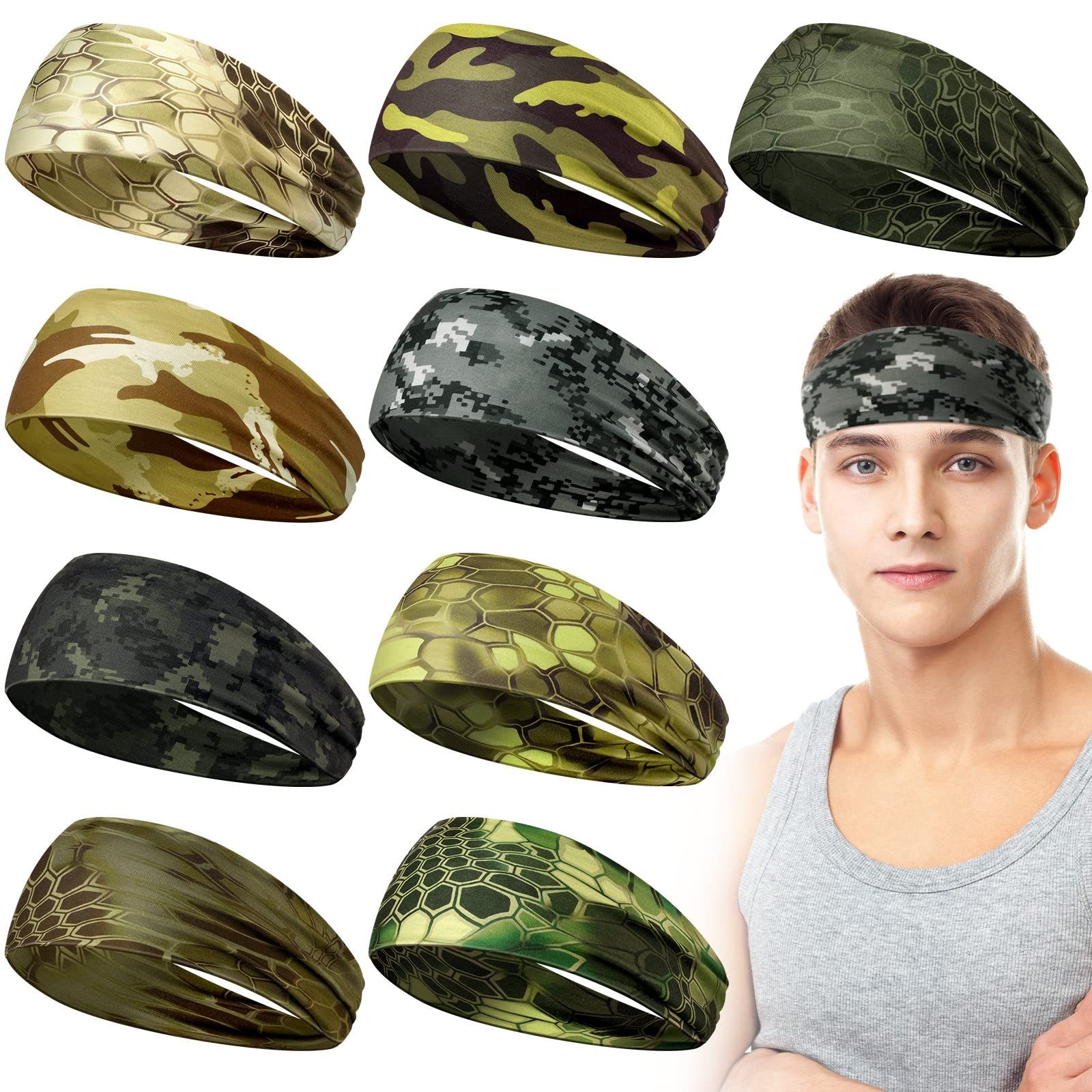 9 Pcs Sweatbands For Men Workout Sport Headbands For Men Camo Headband Sweat Absorbing Headband Wide Sweatband For Head Basketball Football Cycling Running Yoga, 4.7 X 9.8 InchPolyester Fiber (Polyester)|Headbands|GlamGlobal
