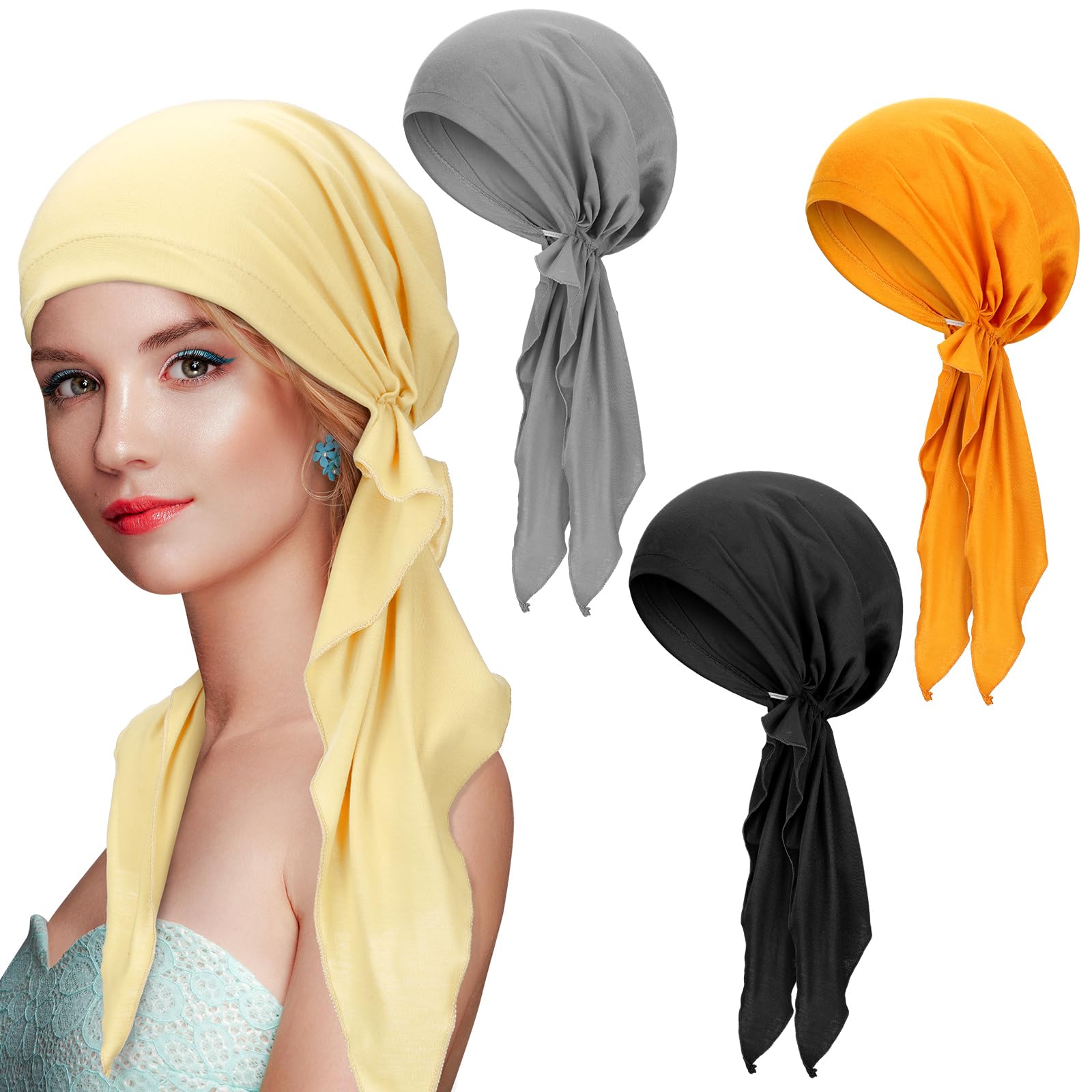 4 Pcs Women Head Scarf Pre Tied Chemo Caps Slip On Turban Headwear Cancer Head Wraps Beanie Hat Bandanawoven Material|Headbands|GlamGlobal