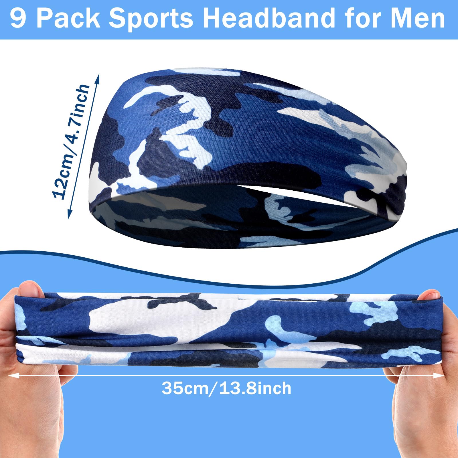 9 Pcs Sweatbands For Men Workout Sport Headbands For Men Camo Headband Sweat Absorbing Headband Wide Sweatband For Head Basketball Football Cycling Running Yoga, 4.7 X 9.8 Inch|Headbands|GlamGlobal