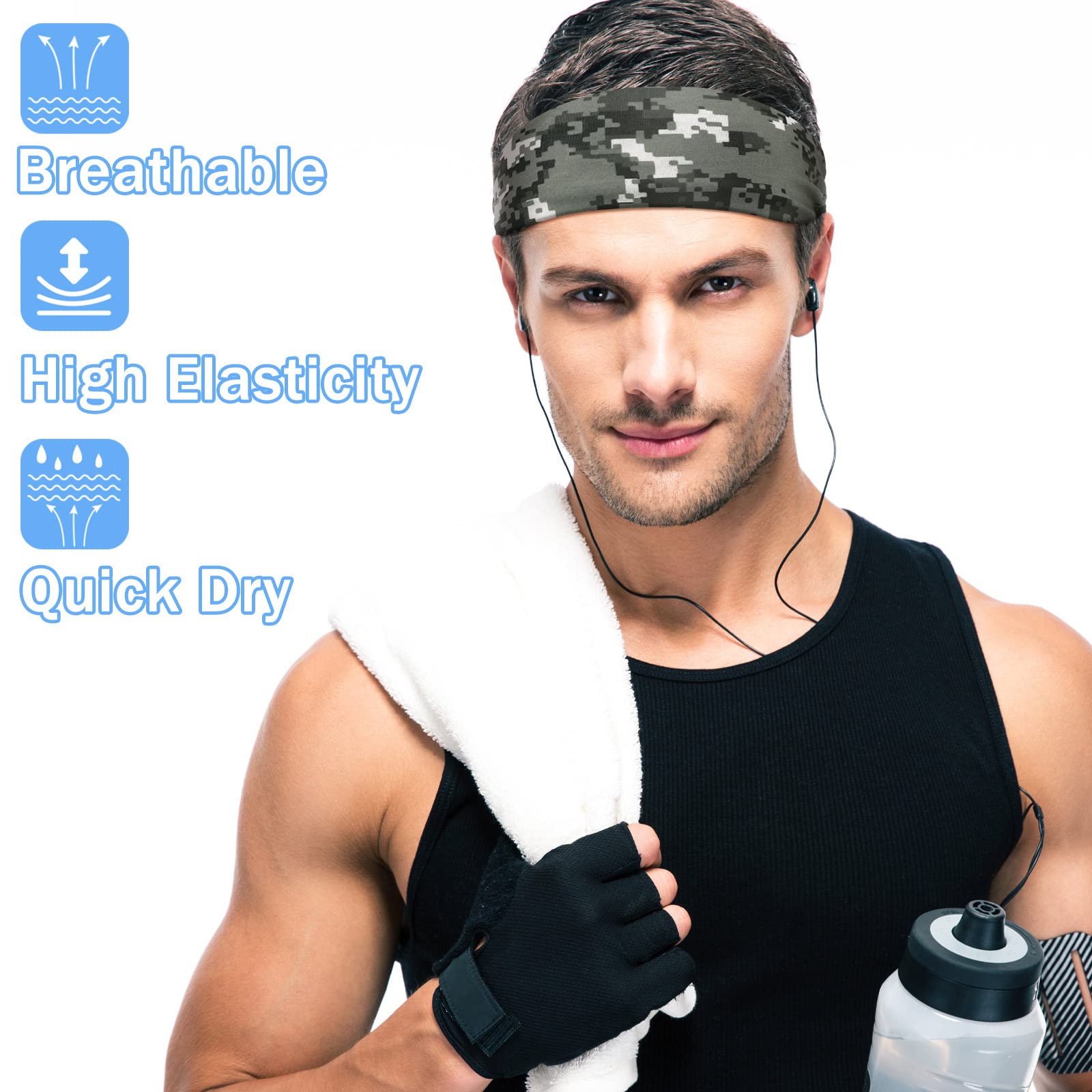 9 Pcs Sweatbands For Men Workout Sport Headbands For Men Camo Headband Sweat Absorbing Headband Wide Sweatband For Head Basketball Football Cycling Running Yoga, 4.7 X 9.8 InchPolyester Fiber (Polyester)|Headbands|GlamGlobal