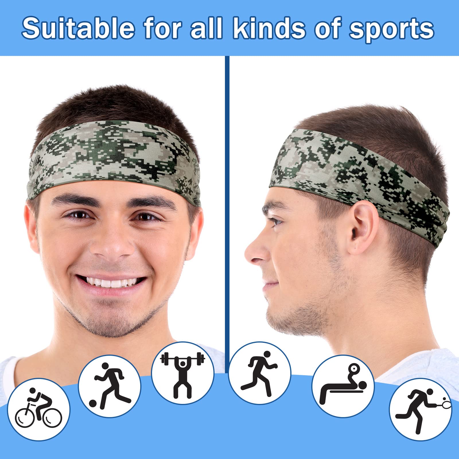 9 Pcs Sweatbands For Men Workout Sport Headbands For Men Camo Headband Sweat Absorbing Headband Wide Sweatband For Head Basketball Football Cycling Running Yoga, 4.7 X 9.8 Inch|Headbands|GlamGlobal