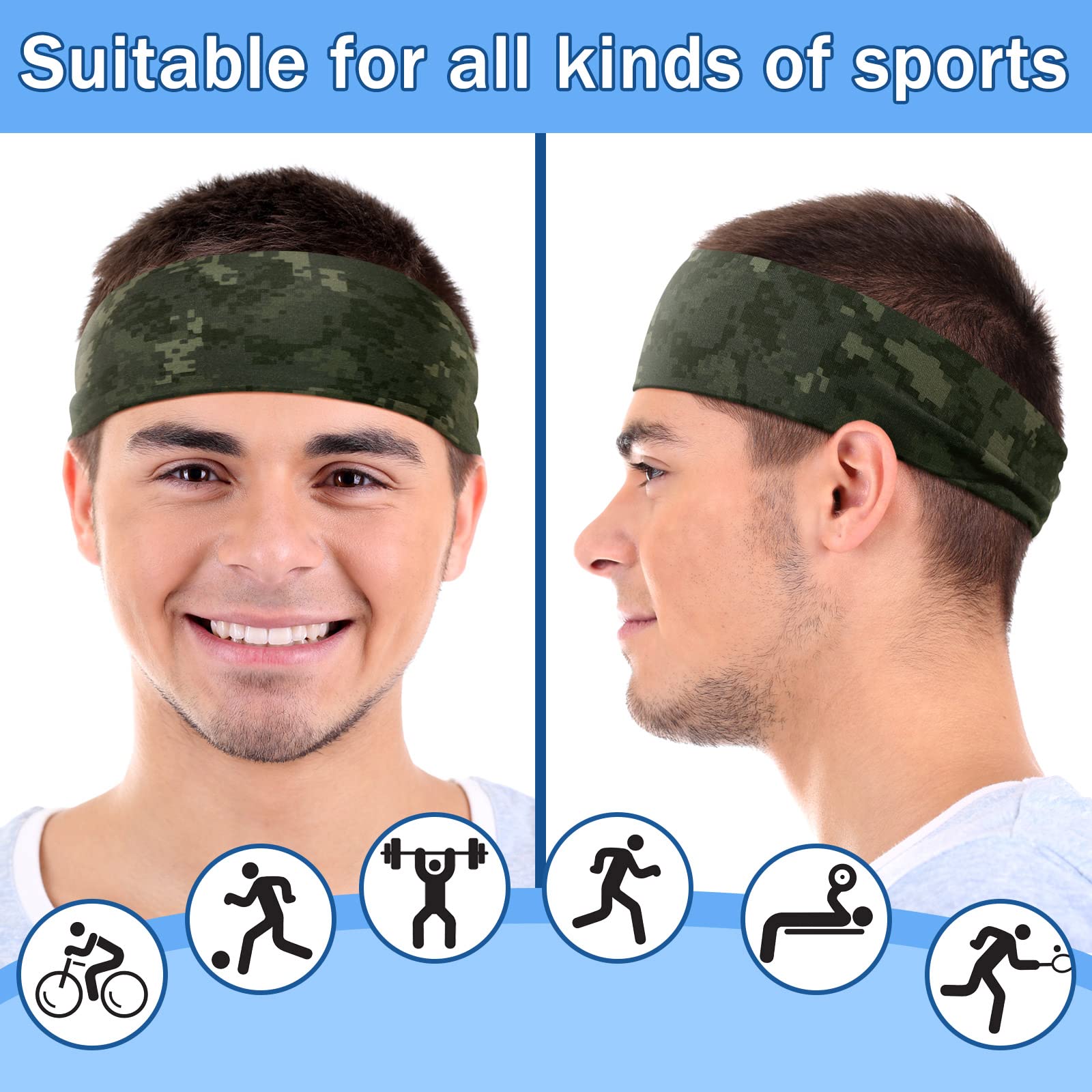 9 Pcs Sweatbands For Men Workout Sport Headbands For Men Camo Headband Sweat Absorbing Headband Wide Sweatband For Head Basketball Football Cycling Running Yoga, 4.7 X 9.8 InchPolyester Fiber (Polyester)|Headbands|GlamGlobal