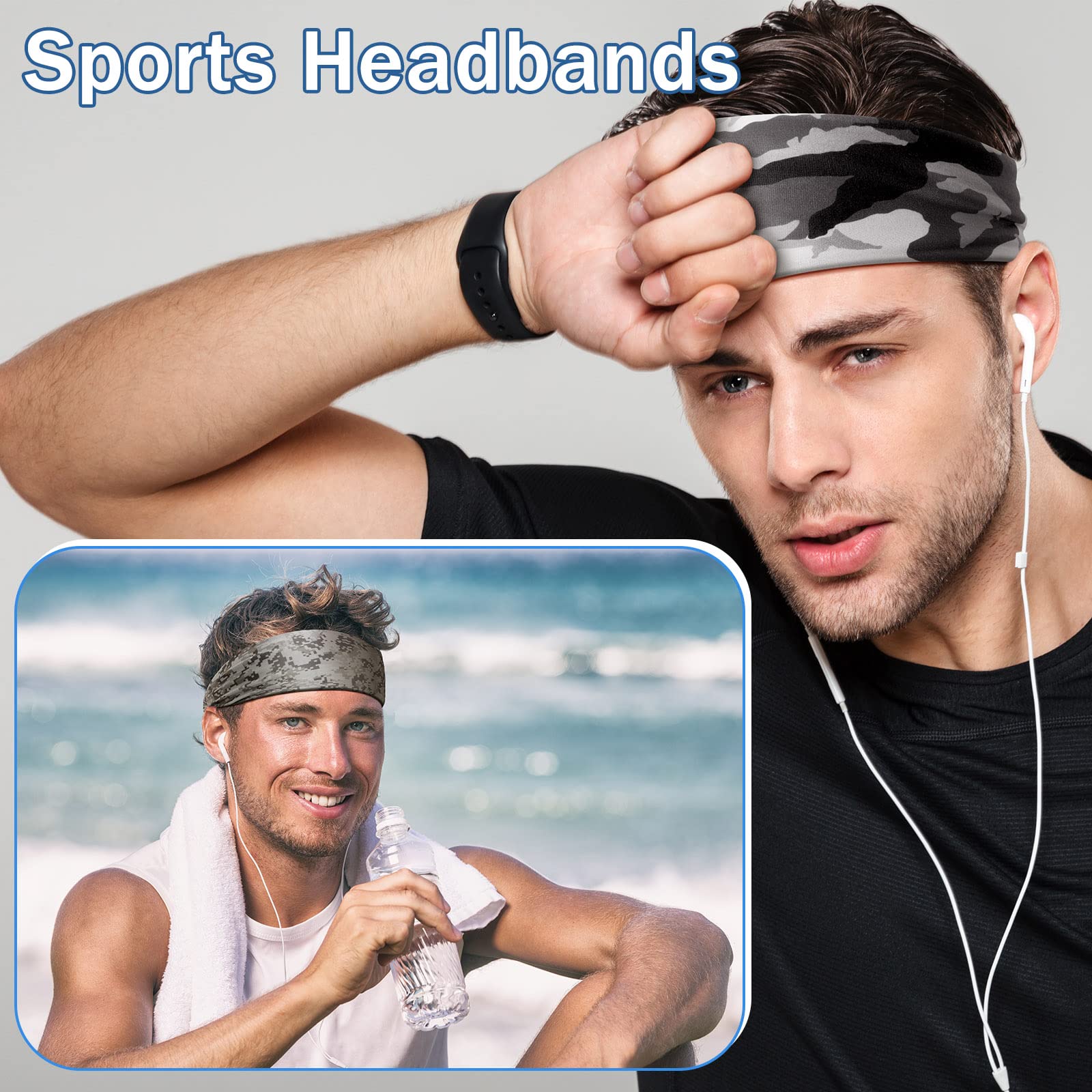 9 Pcs Sweatbands For Men Workout Sport Headbands For Men Camo Headband Sweat Absorbing Headband Wide Sweatband For Head Basketball Football Cycling Running Yoga, 4.7 X 9.8 Inch|Headbands|GlamGlobal